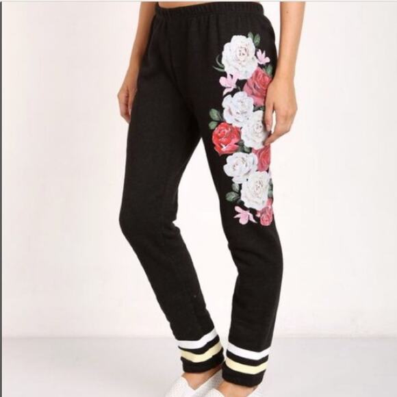 Wildfox Wild Rose Race Graphic Stripe High Waisted Fleece Jogger Sweatpants Sz S - Picture 1 of 10